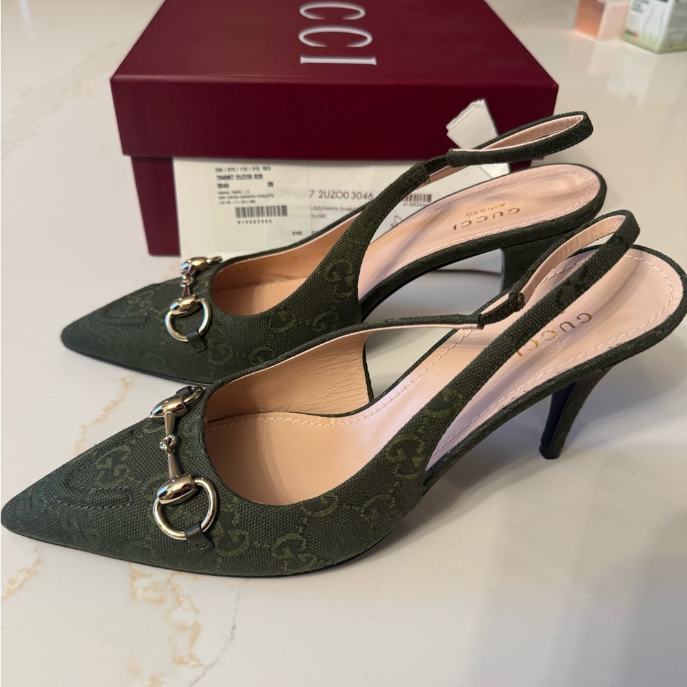 GUCCI SLINGBACK PUMP HORSEBIT GREEN CANVAS 38 - Picture 4 of 15